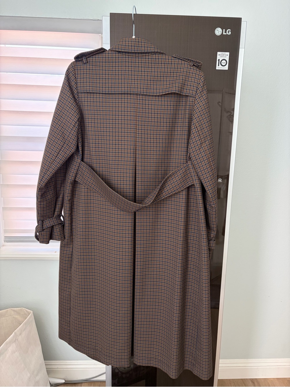 Sandro Brown Check Double-Breasted Trench Coat with Navy Lining - Picture 2 of 6
